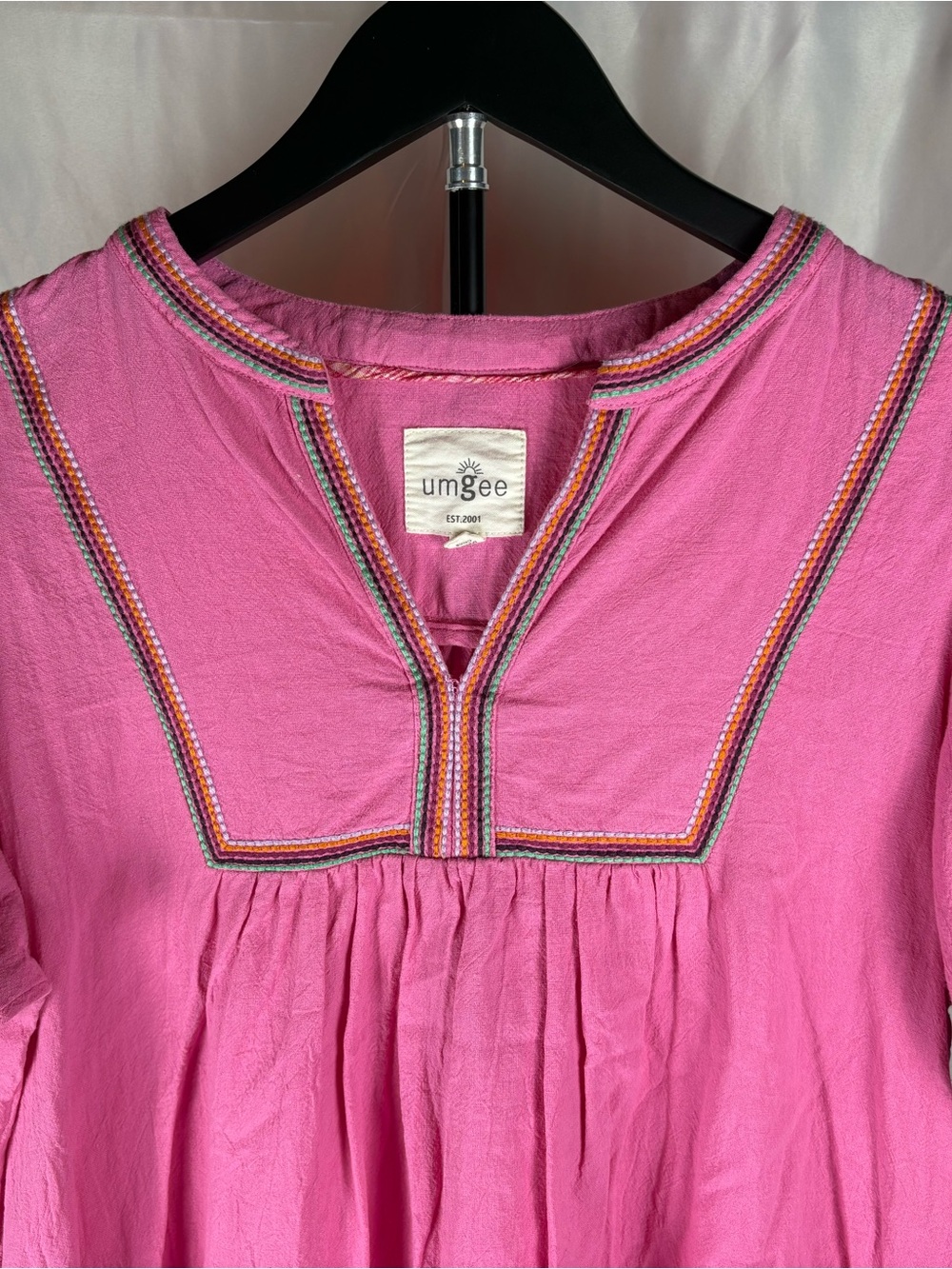 Umgee Pink Boho Embroidered Tiered Mini Dress Size Small Puff Sleeve
